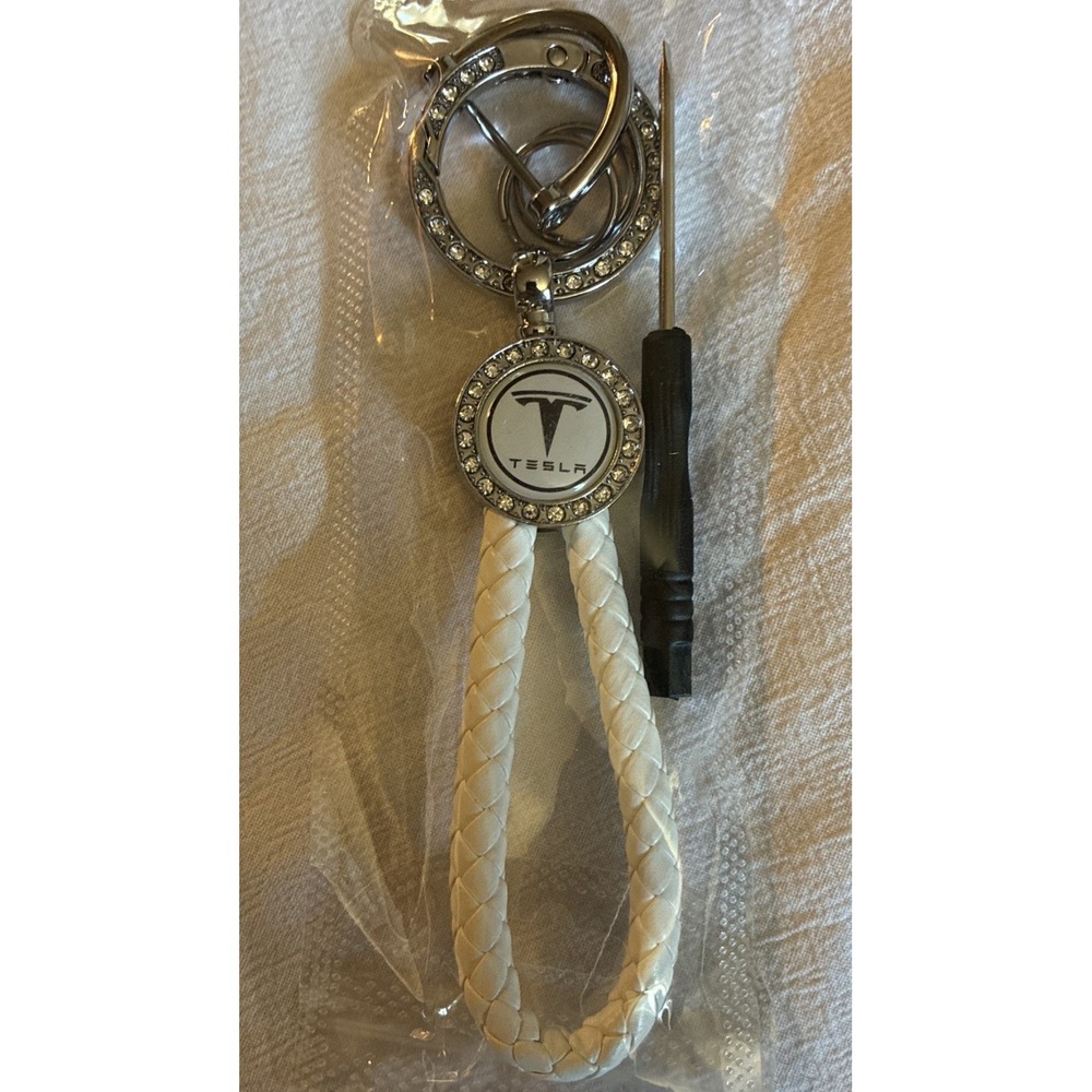 Tesla Keychain Ring White Braid With Rhinestones Emblem w/ Tool-Great Gift-NWT